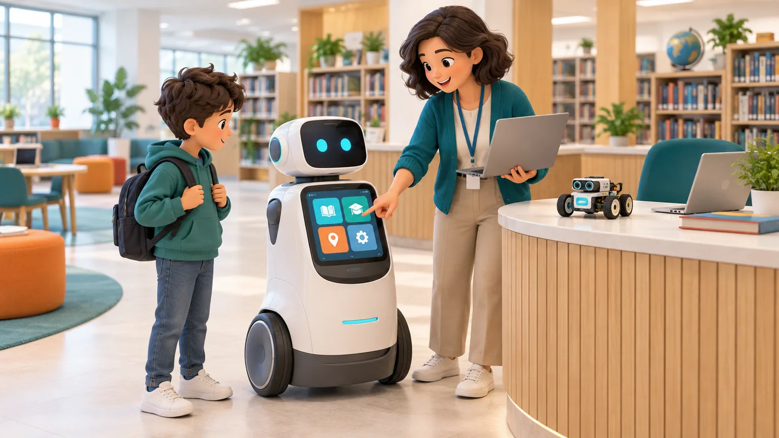 Hình minh họa 3D robot hỗ trợ hoạt động học tập và phục vụ trong trường học.