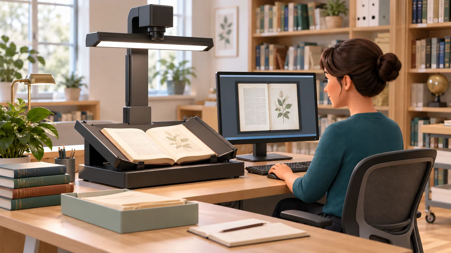 Hình minh họa 3D hoạt động số hóa sách và tài liệu thành học liệu số.