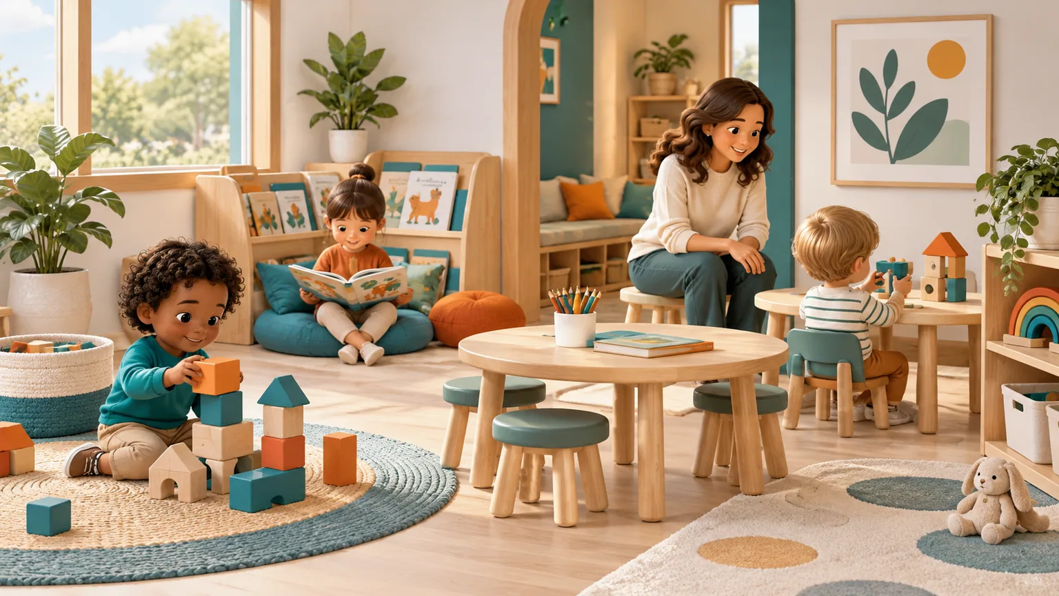 Hình minh họa 3D không gian học tập mầm non và các hoạt động khám phá.