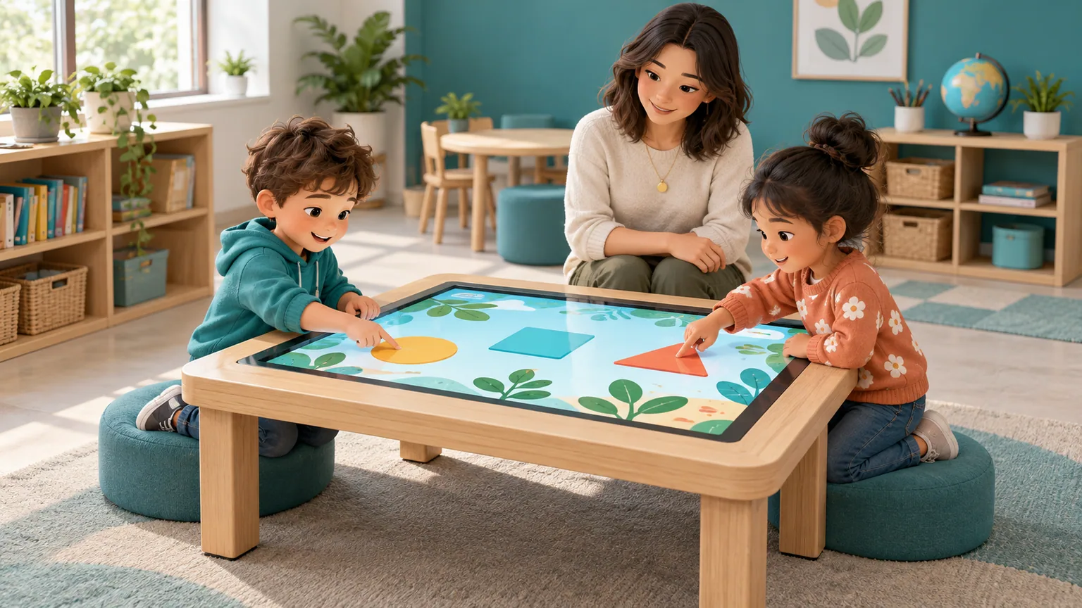Minh họa trẻ học với bàn có màn hình tương tác và giáo viên hướng dẫn.