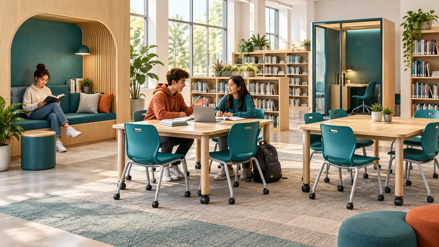 Hình minh họa 3D bàn ghế và nội thất cho không gian học tập.