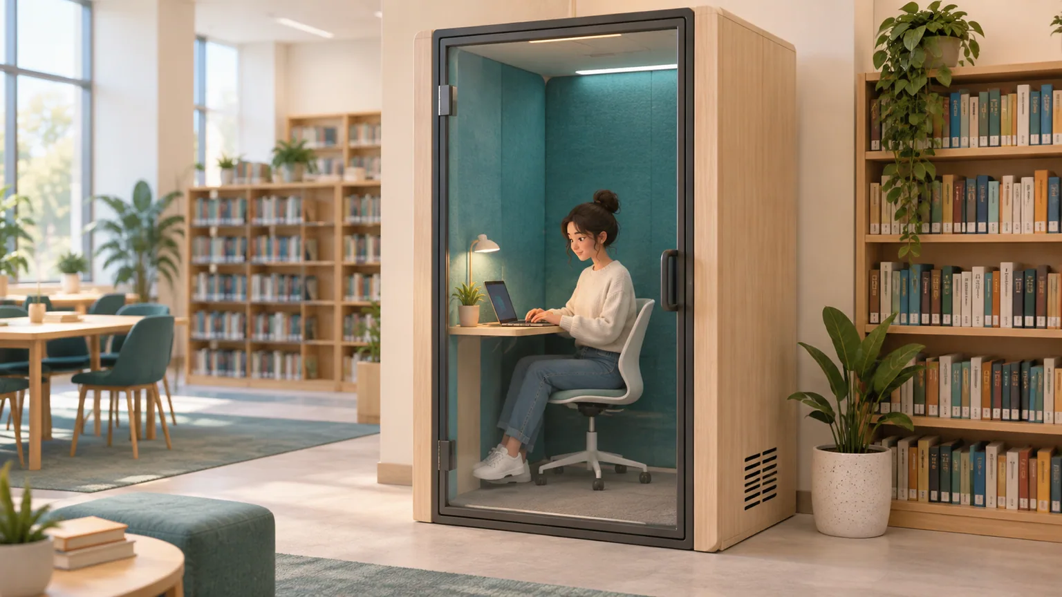 Minh họa cabin học tập cá nhân có bàn làm việc trong thư viện.