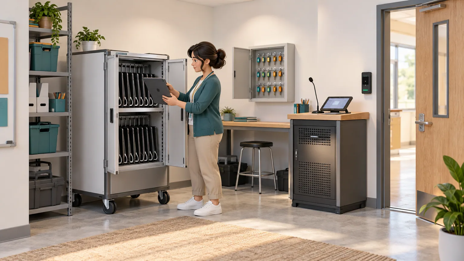 Hình minh họa 3D thiết bị phục vụ và quản lý trong trường học.