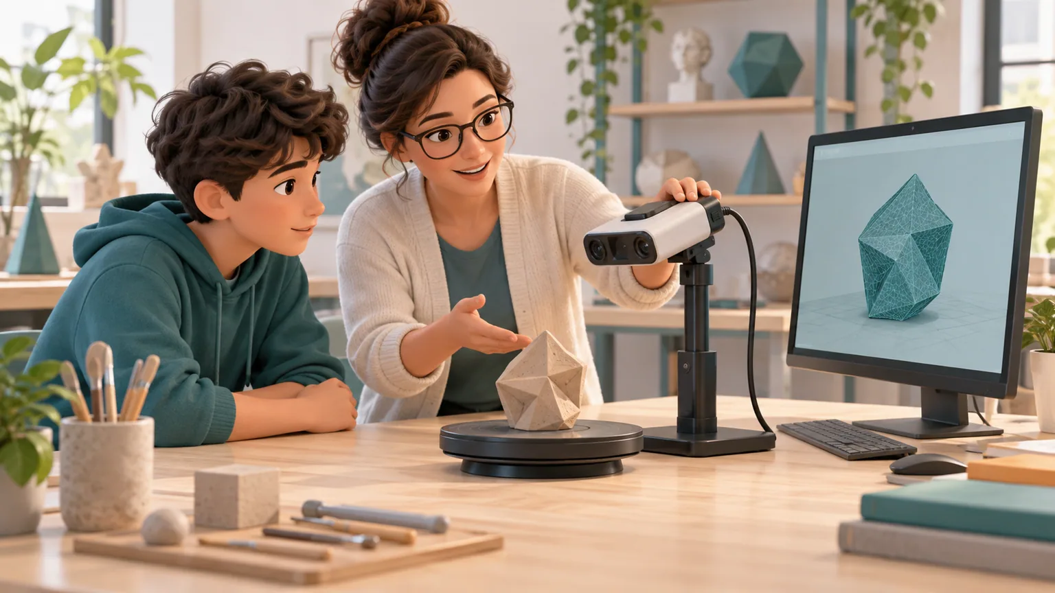 Hình minh họa 3D hoạt động quét và xây dựng mô hình số từ không gian hoặc vật mẫu.