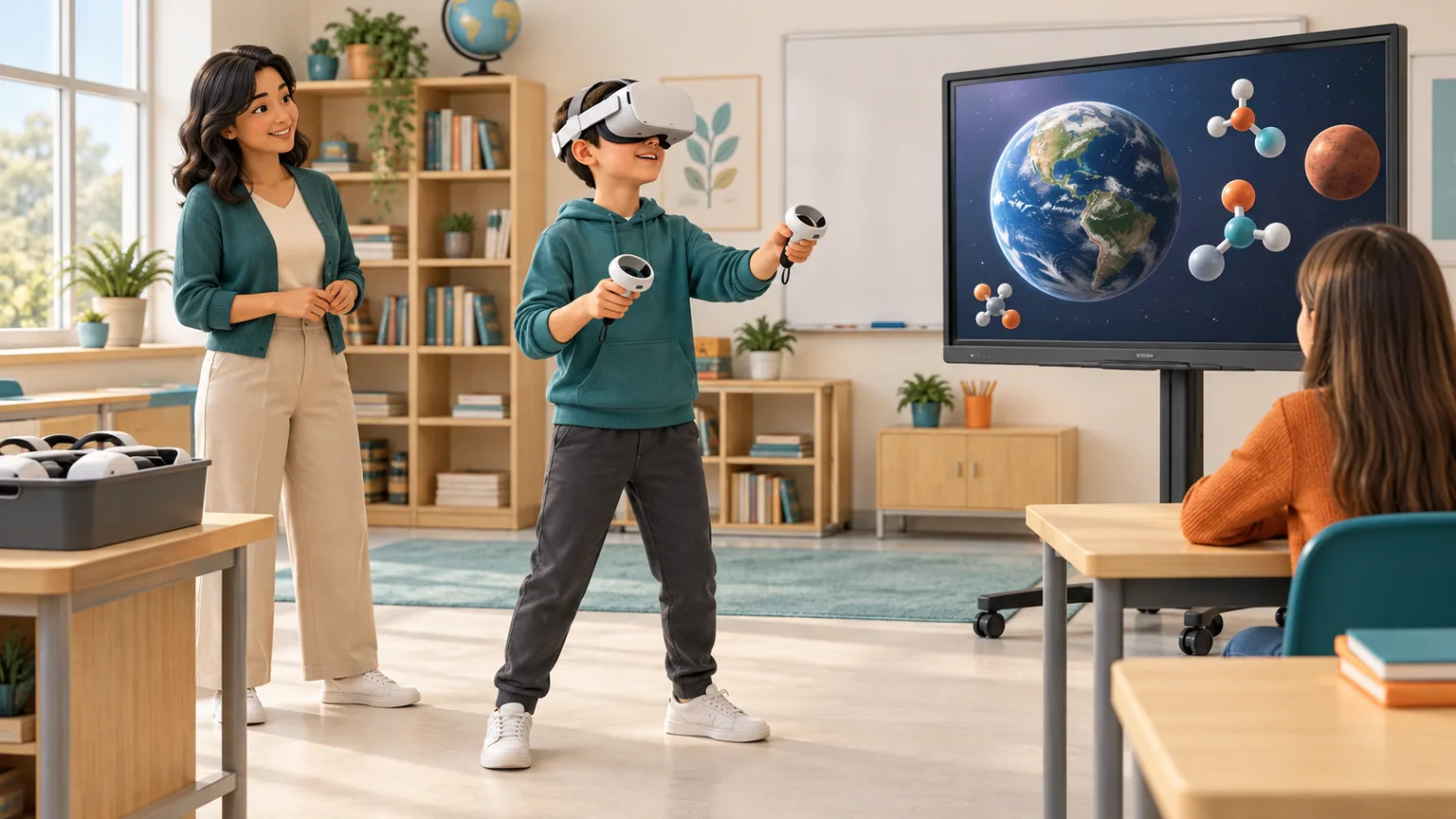 Hình minh họa 3D trải nghiệm học tập với kính và nội dung thực tế ảo.
